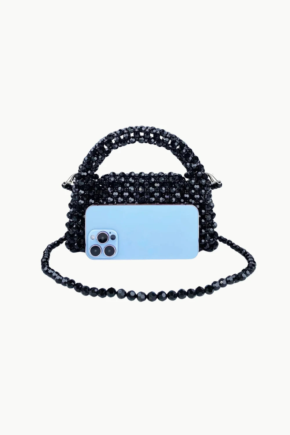 Black beaded summer purse with light blue smartphone inside for stylish summer accessories