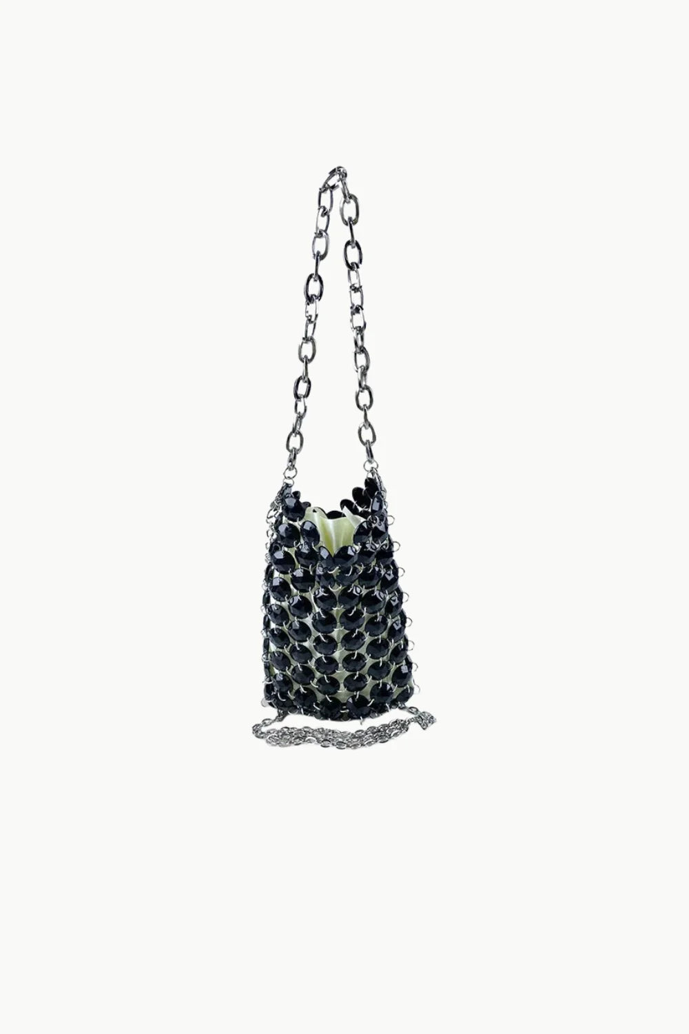 Black crystal beaded bag with mesh exterior, silver chain strap, and light lining