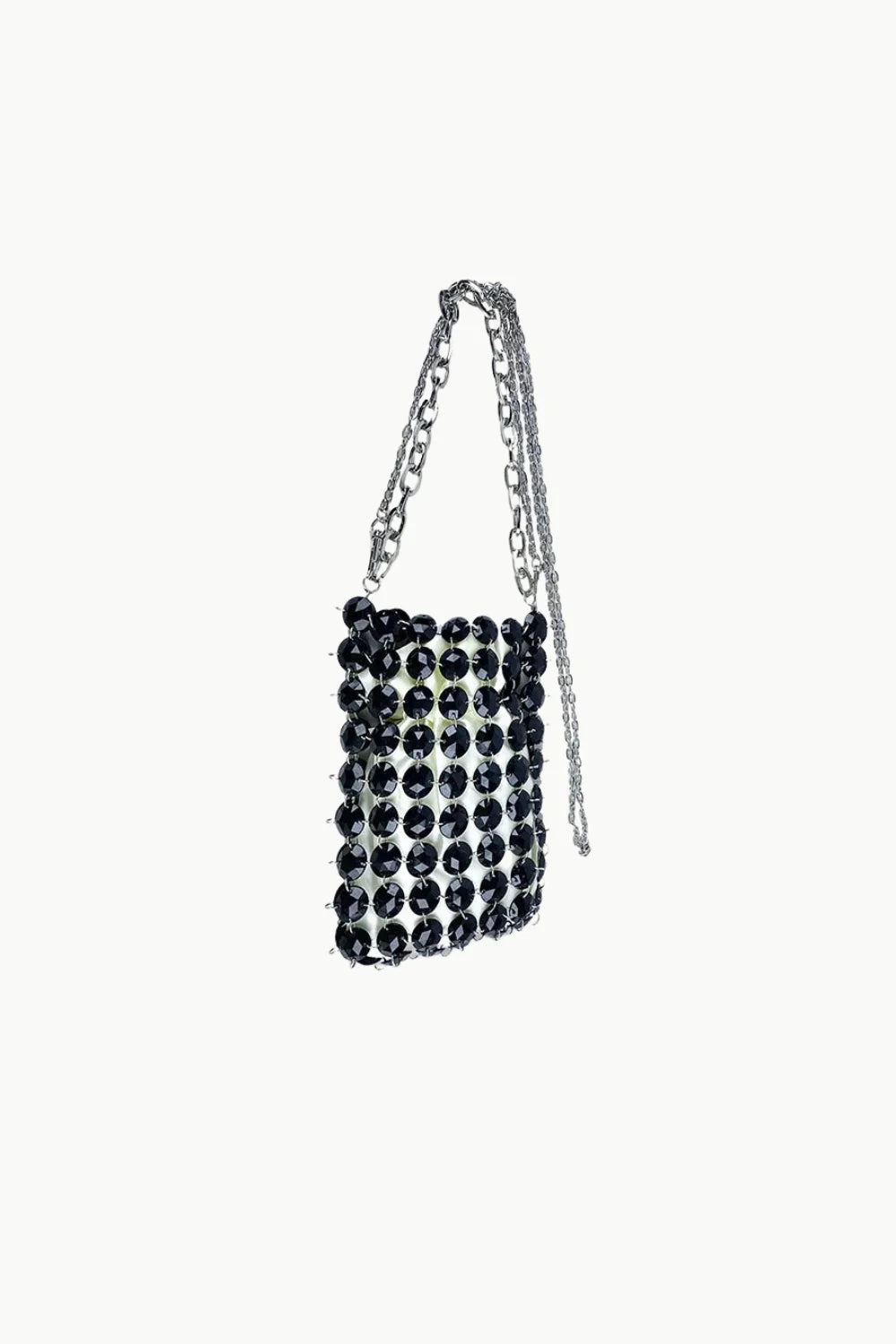 Black crystal beaded bag with silver chain strap, stylish beaded bag accessory