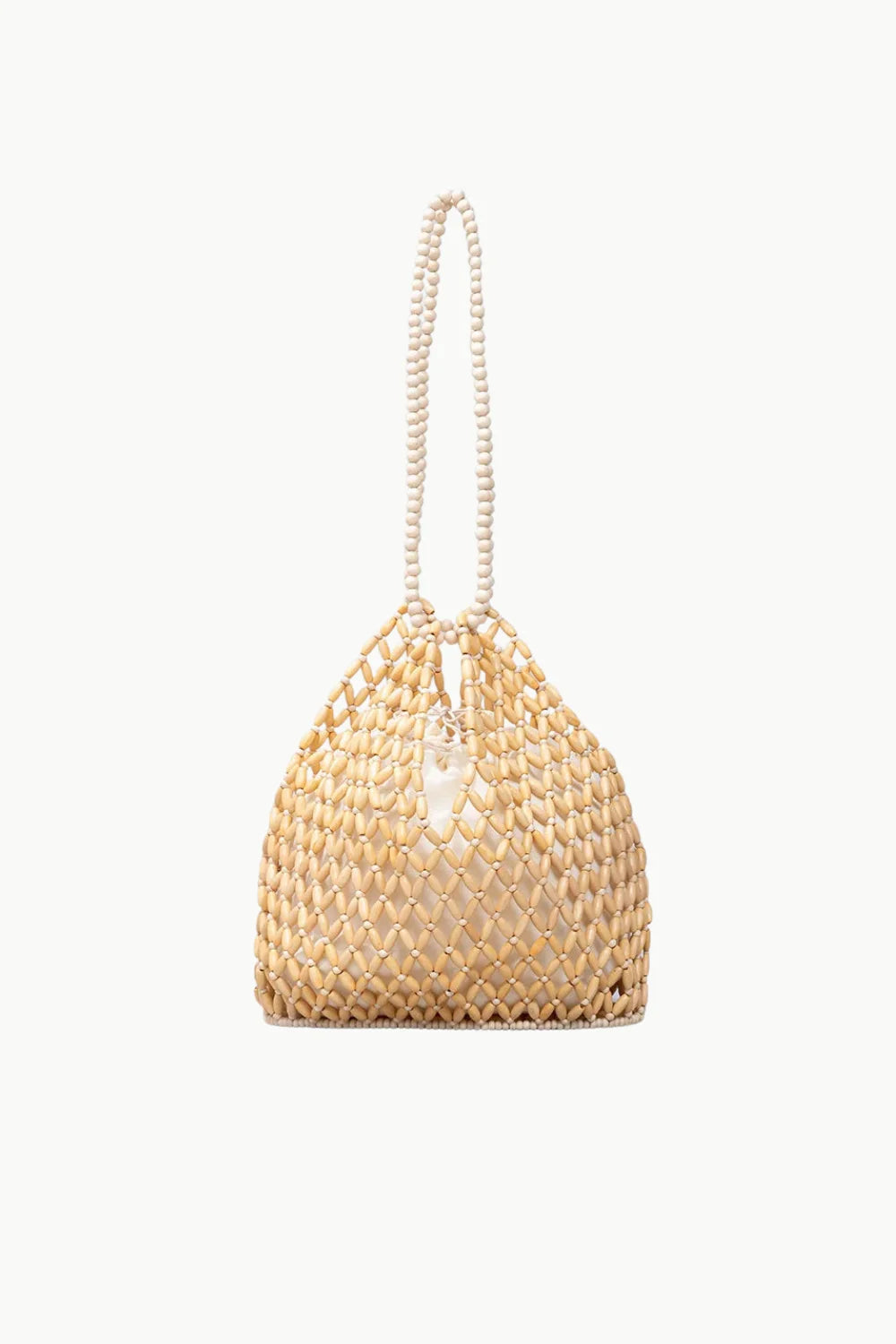 Black Wooden Beaded Bag with drawstring bucket design and top handle