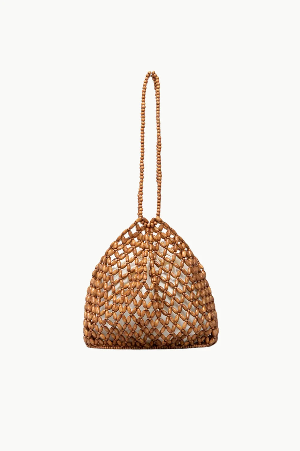 Woven straw tote bag with top handle, black wooden beaded detail, rounded bottom