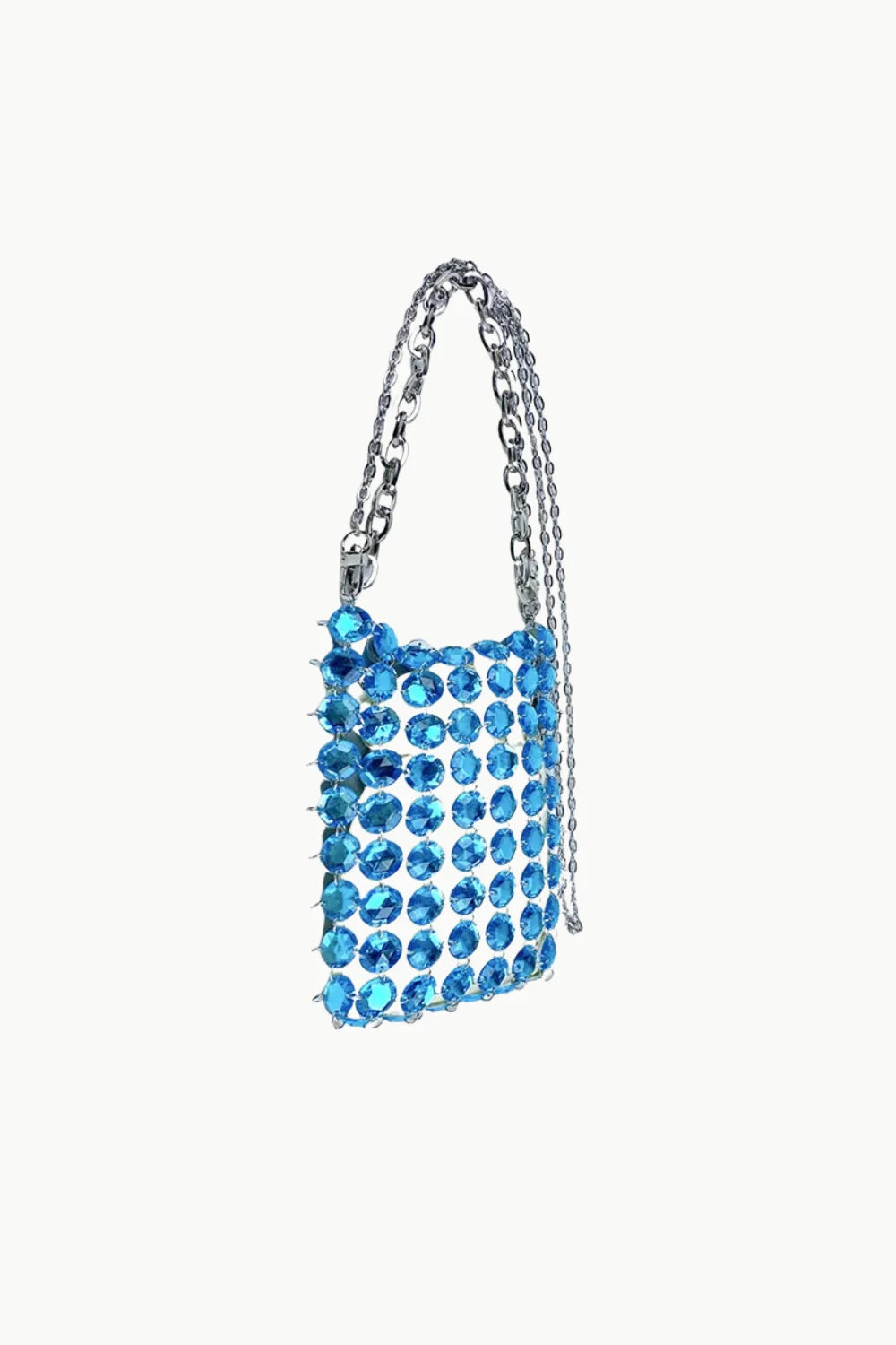 Blue beaded crossbody handbag with silver chain strap, stylish beaded crossbody accessory