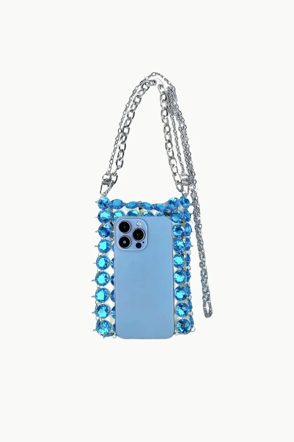 Blue beaded crossbody phone holder with rhinestones and silver chain strap
