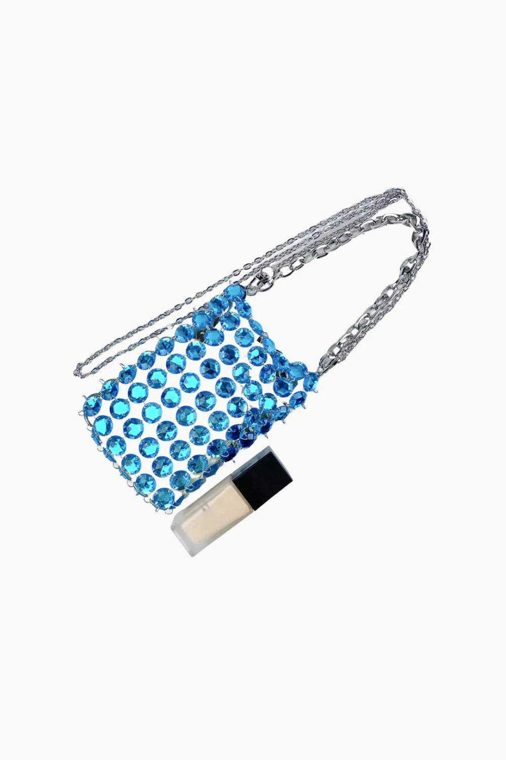 Blue beaded crossbody bag with rhinestones and silver chain strap for stylish accessories