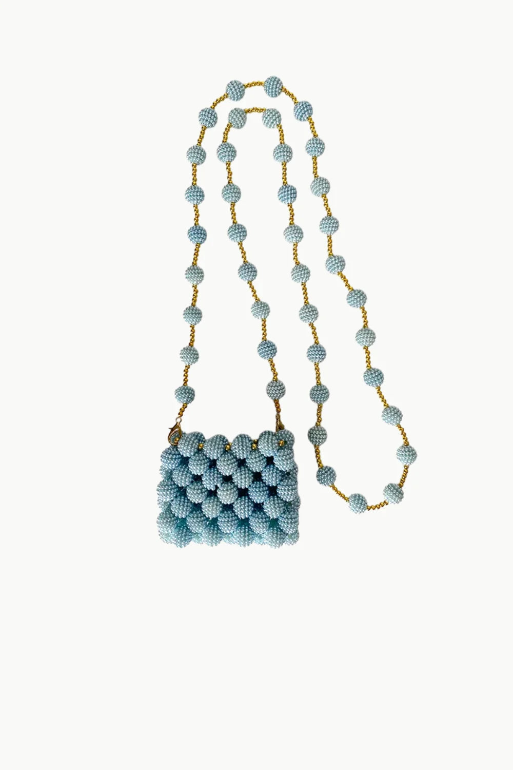 Light blue beaded mini bag with a long beaded strap, perfect as a stylish beaded bag