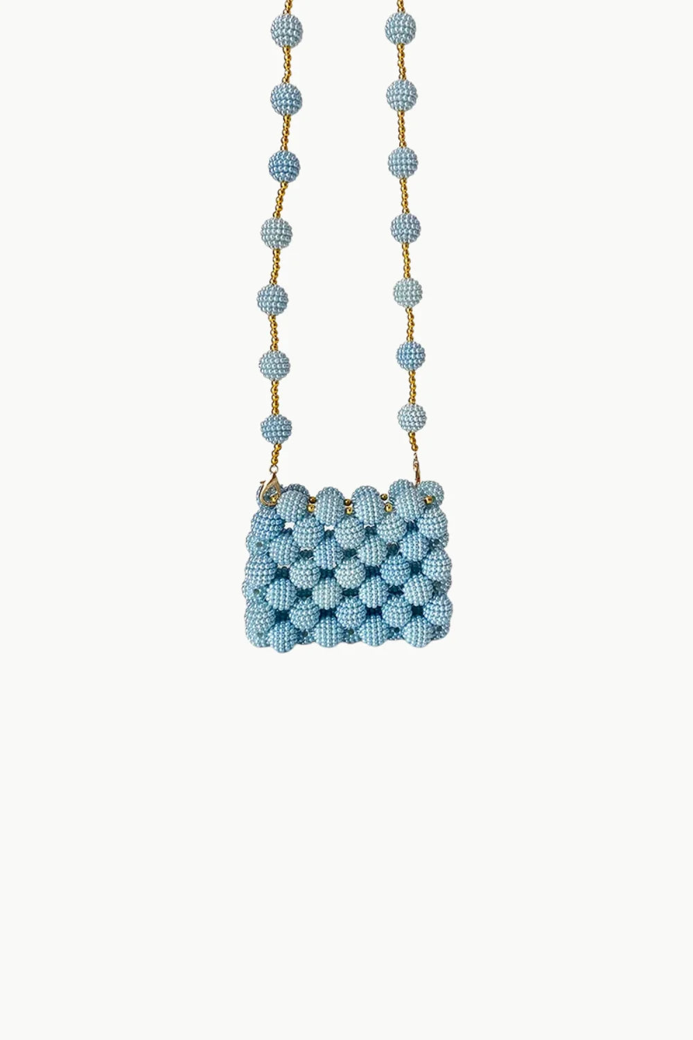 Light blue beaded crossbody bag with gold chain strap, perfect for mini beaded bag lovers