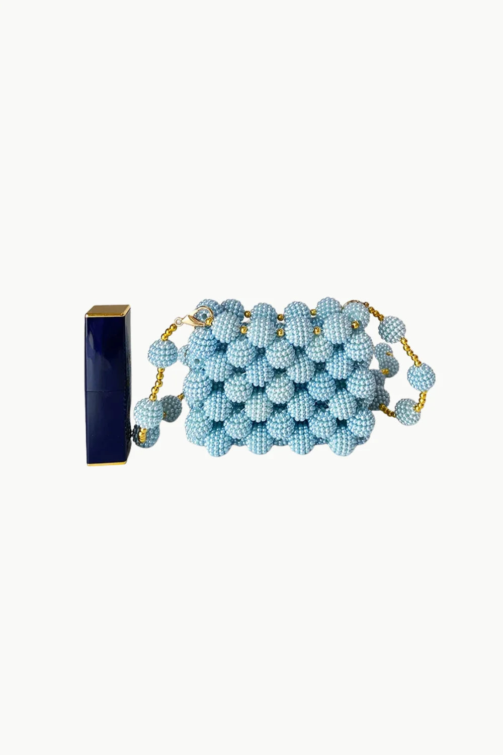 Light blue beaded handbag with gold chain strap, Blue Mini Beaded Bag for stylish accessories