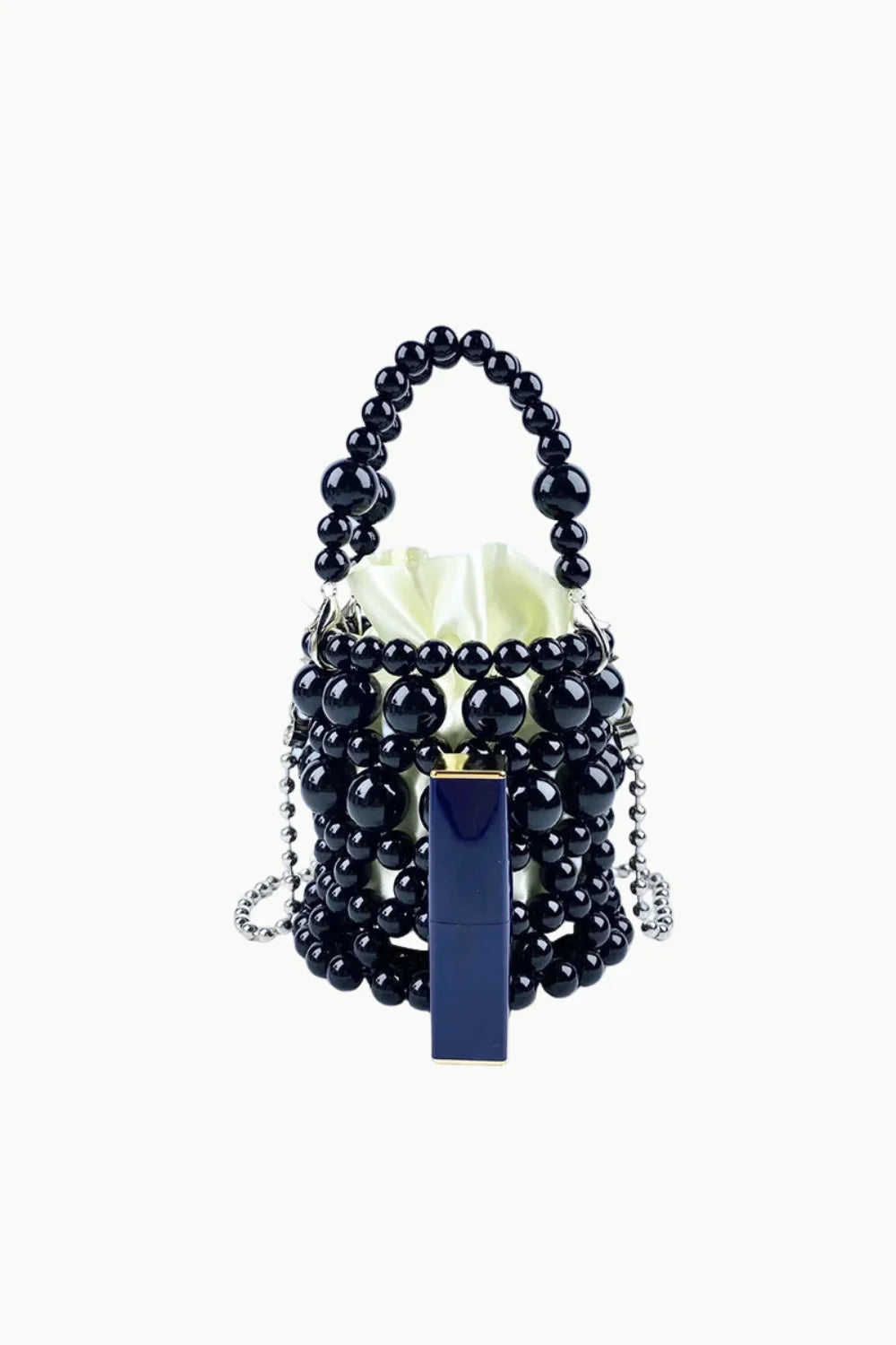 Beaded bucket bag with blue lipstick, perfect for everyday style accessories