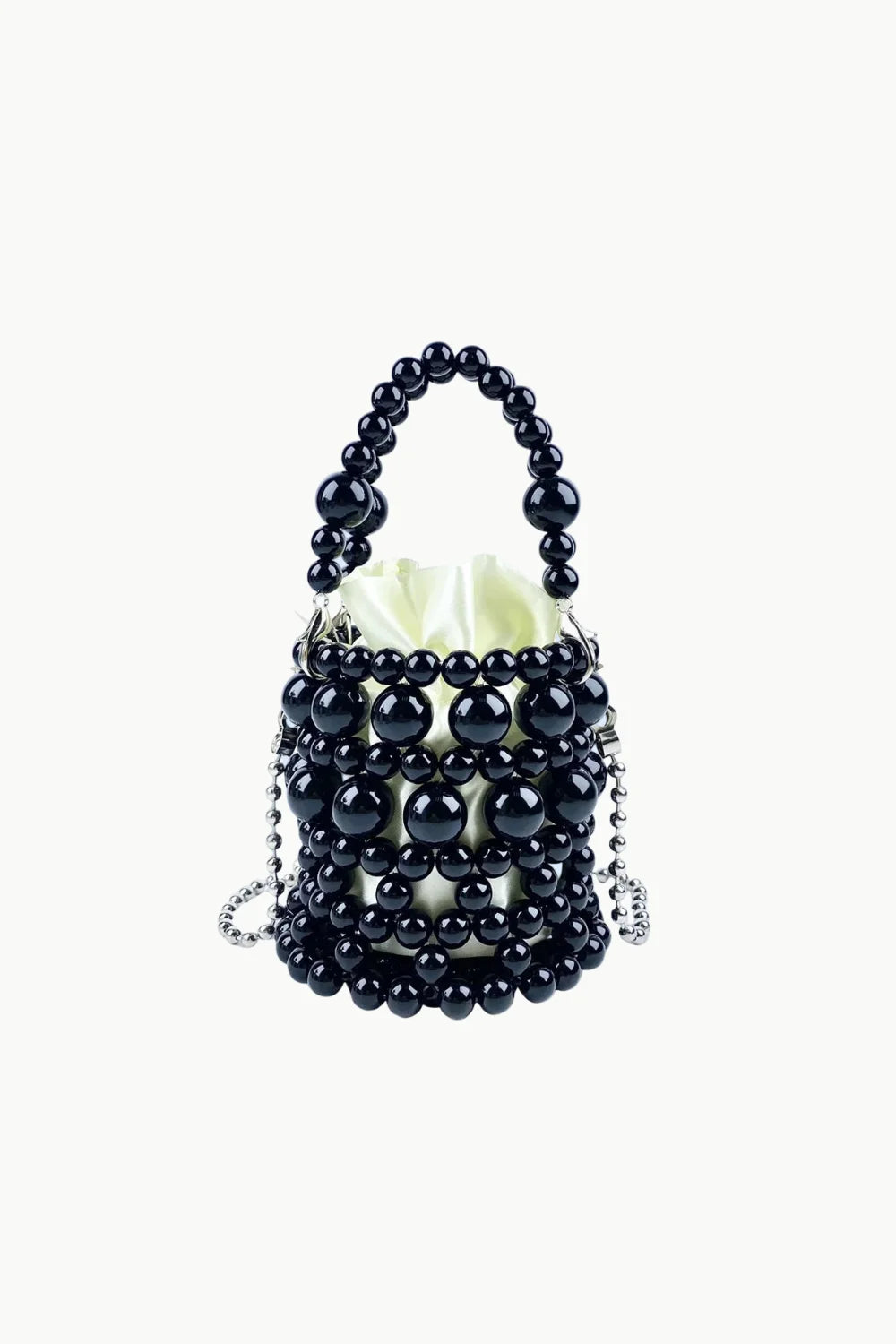Black beaded bucket bag with satin pouch and silver chain strap for everyday style