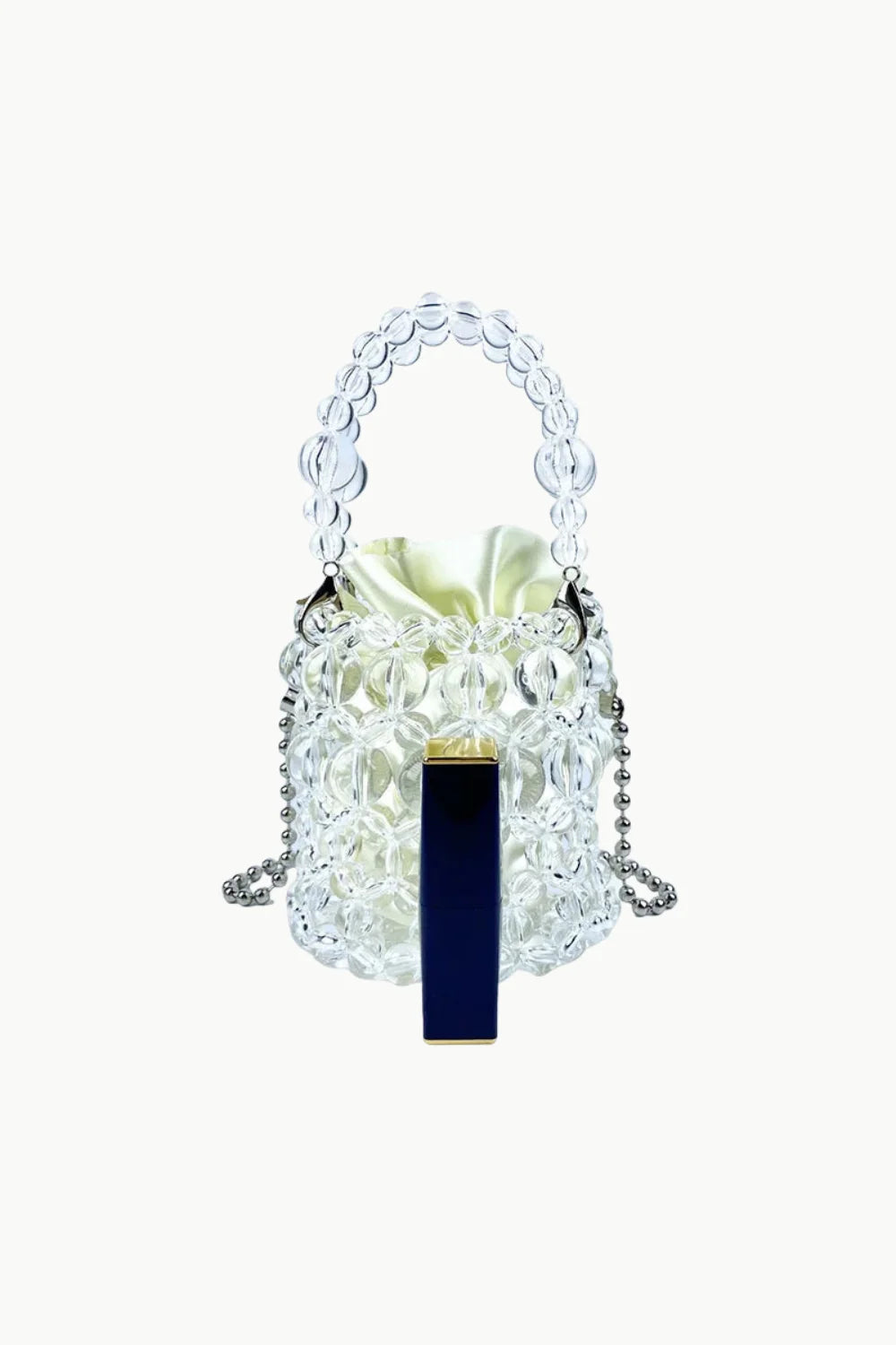 Clear beaded drawstring bucket bag with dark blue magnetic clasp for everyday style