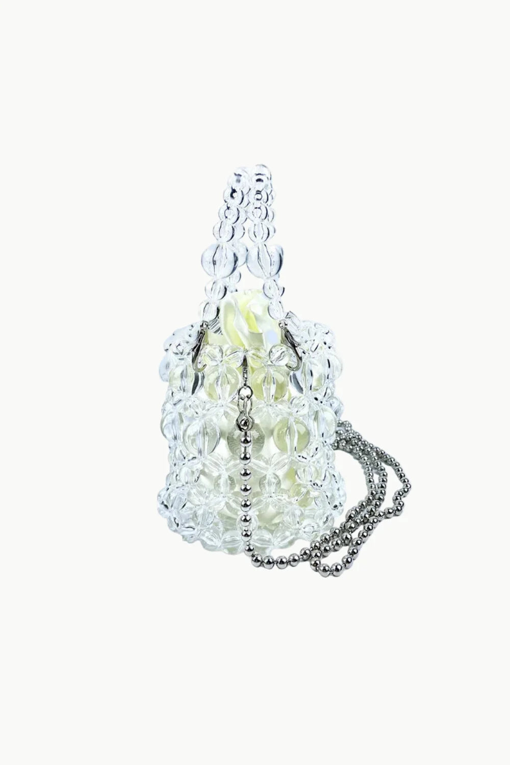 Clear beaded bucket bag with silver chain strap for stylish everyday style