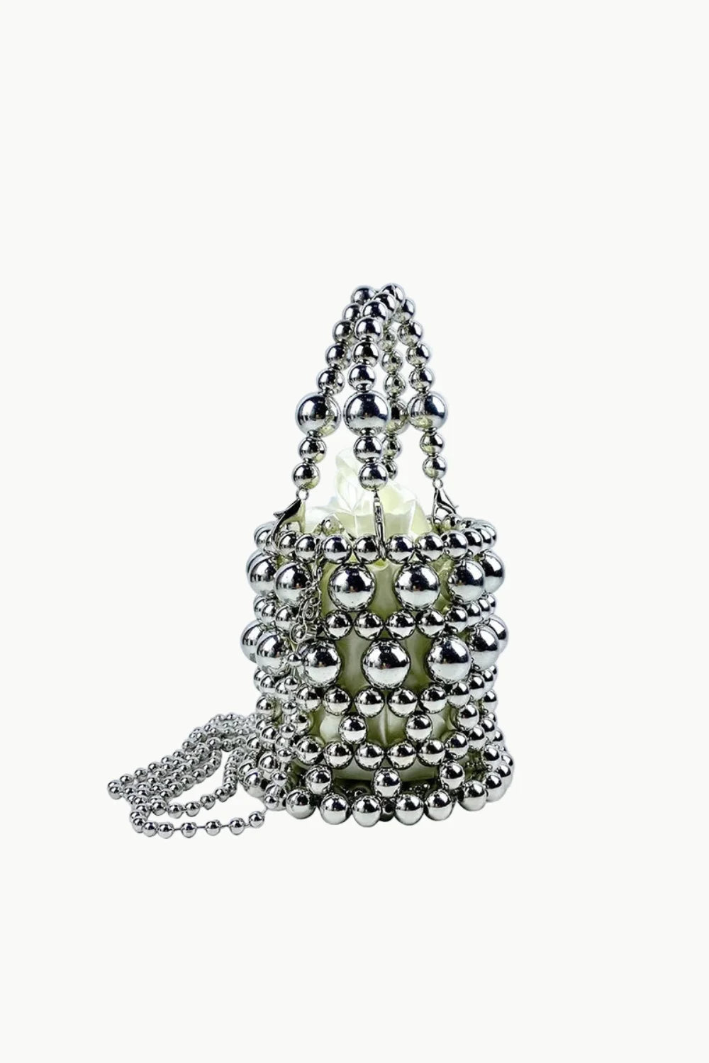 Silver beaded bucket bag with white lining, perfect for everyday style