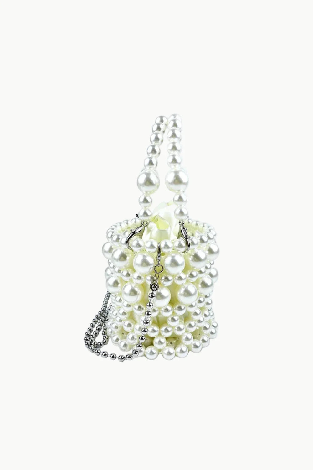White faux pearl bucket bag with top handle and detachable chain strap for everyday style