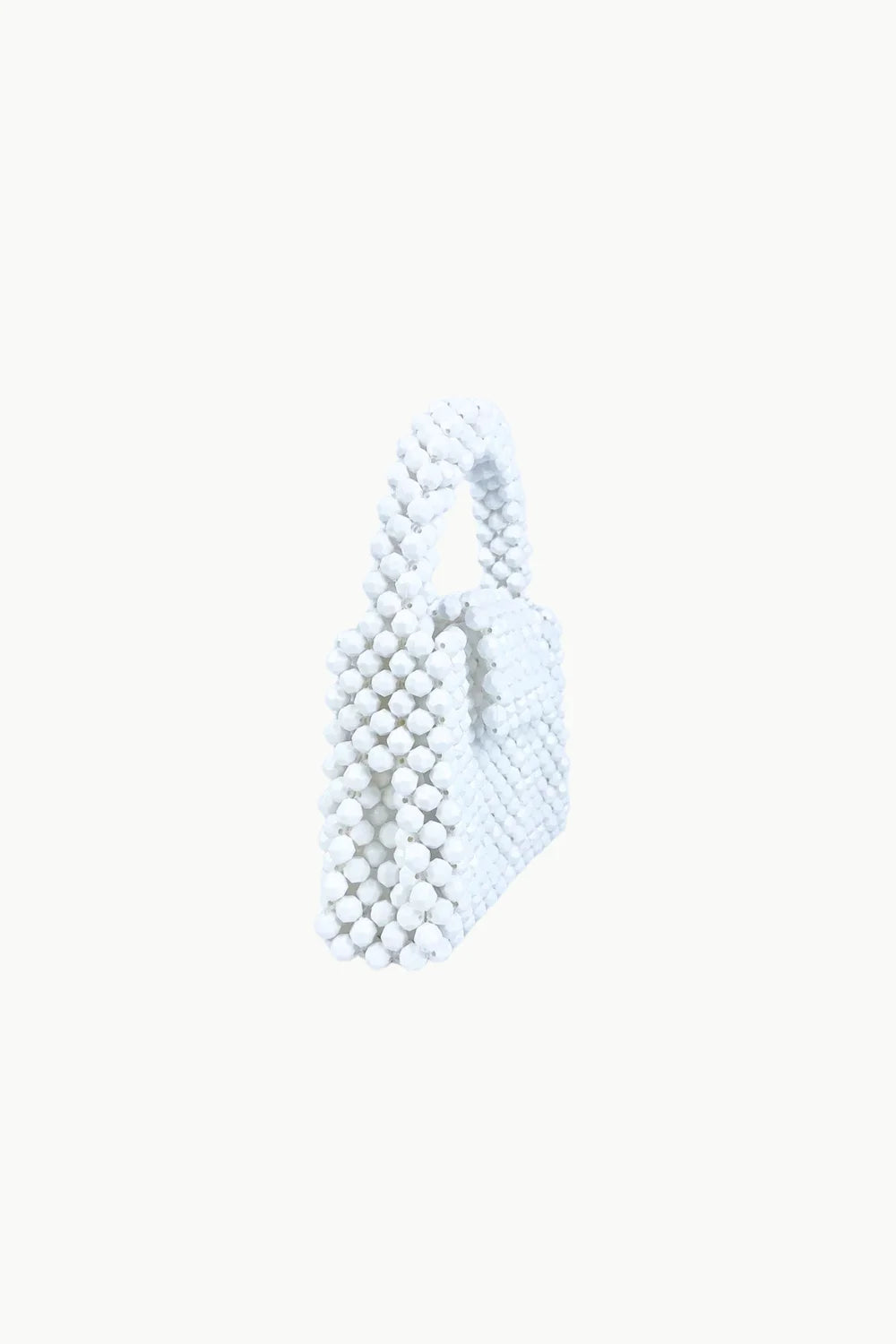 White beaded top-handle handbag with flap closure, stylish clear beaded bag accessory
