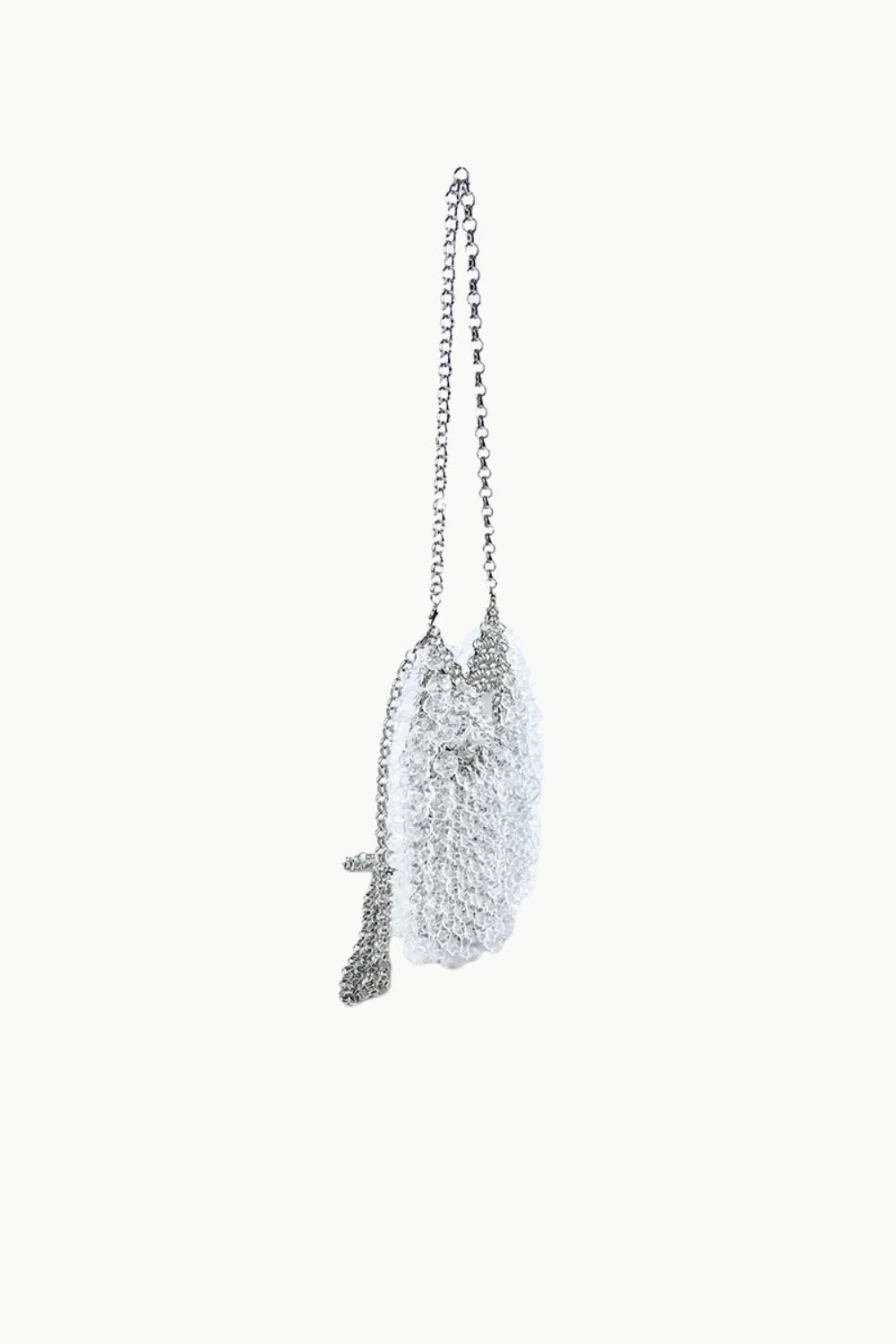 Glittering silver-toned chainmail beaded crossbody bag with long shoulder strap