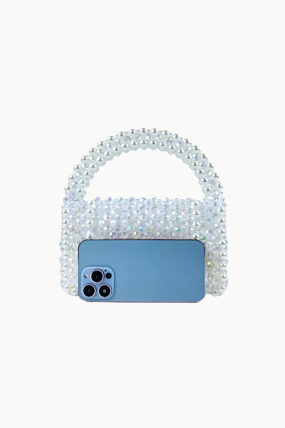 Clear beaded handbag with rounded handle, stylish beaded handbag accessory
