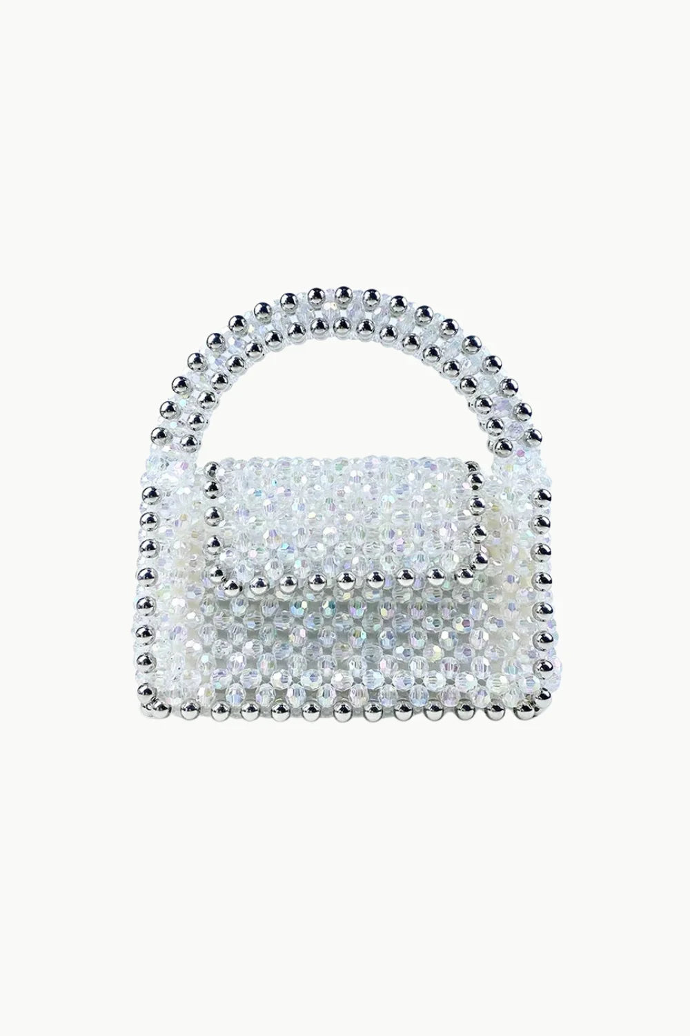 Clear beaded handbag with silver beaded handle, stylish clear beaded handbag accessory