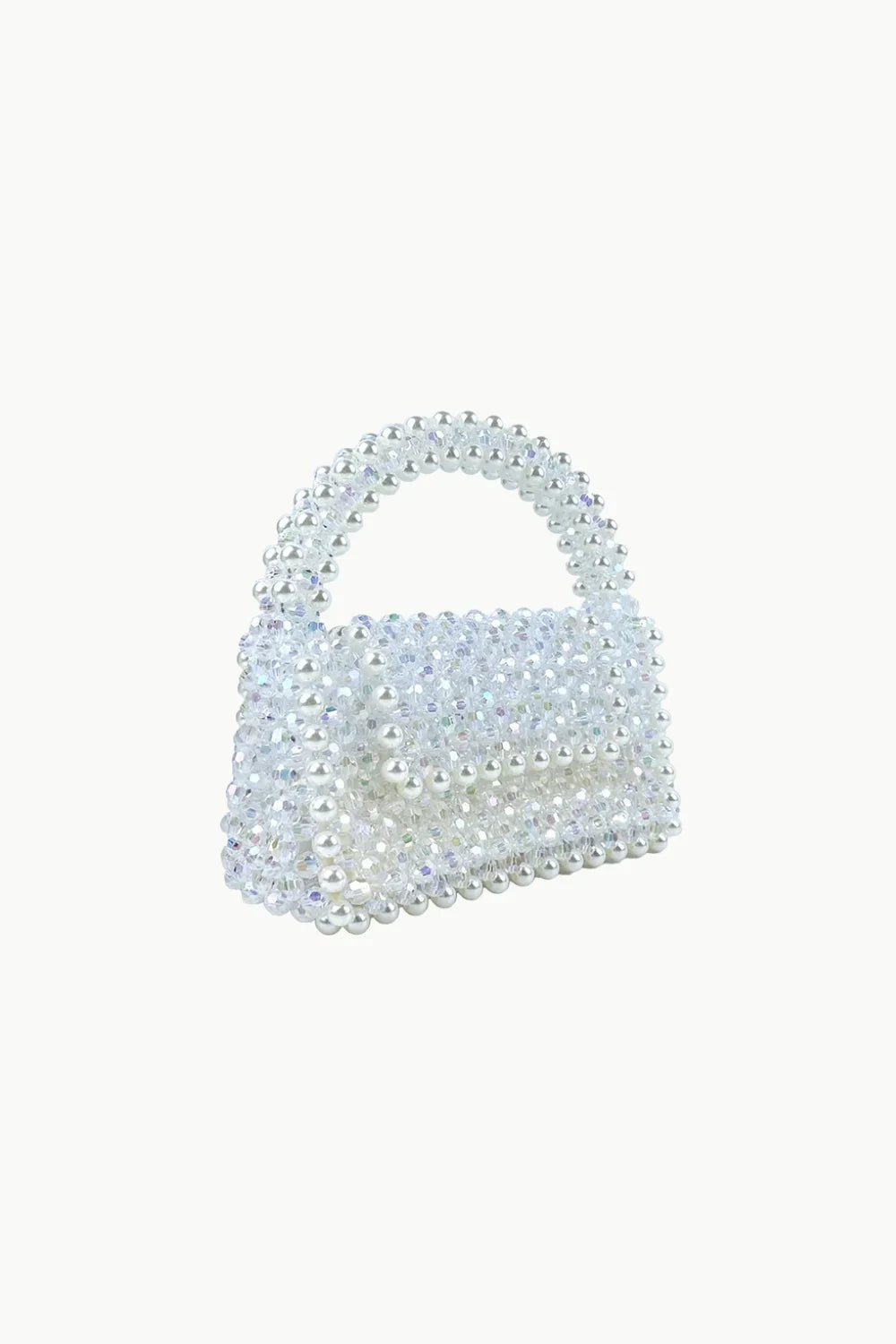 White pearl-beaded mini handbag with top handle, stylish clear beaded handbag for events