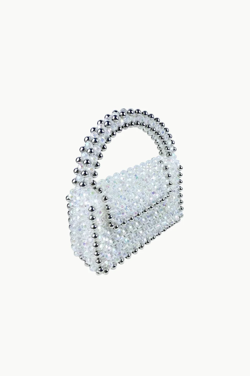 White beaded handbag with rounded top handle, stylish clear beaded handbag accessory