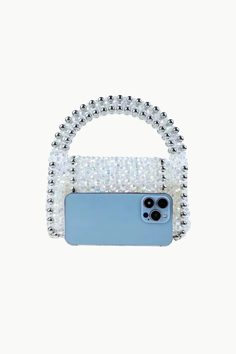 White beaded handbag with silver handle, stylish clear beaded handbag accessory