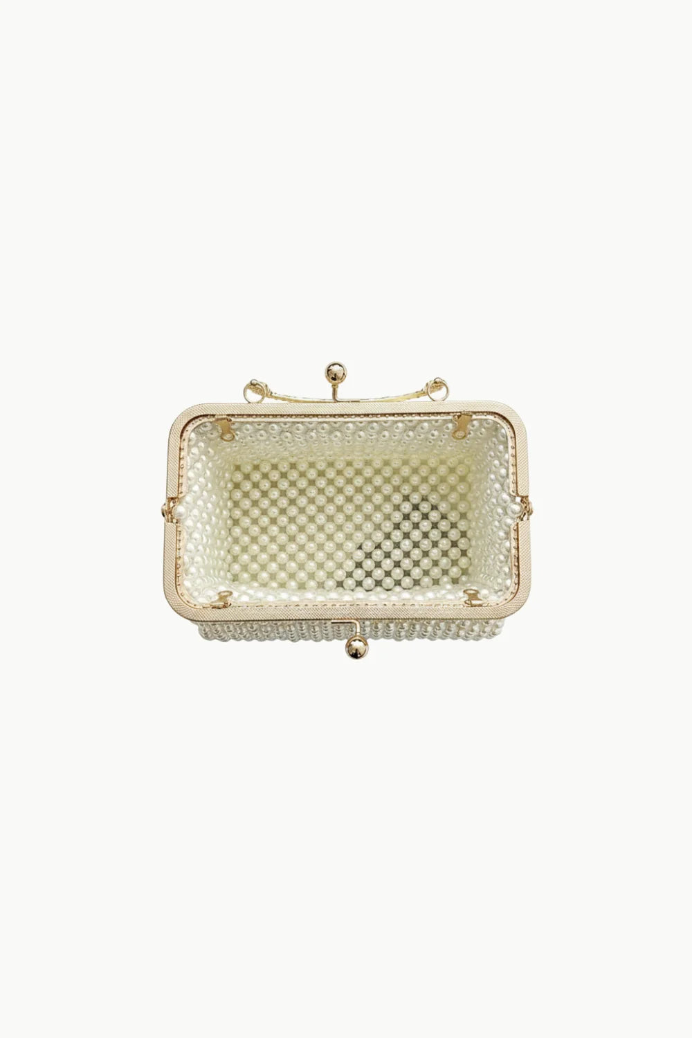 Elegant pearl clutch handbag with pearl beaded frame and checkered interior design
