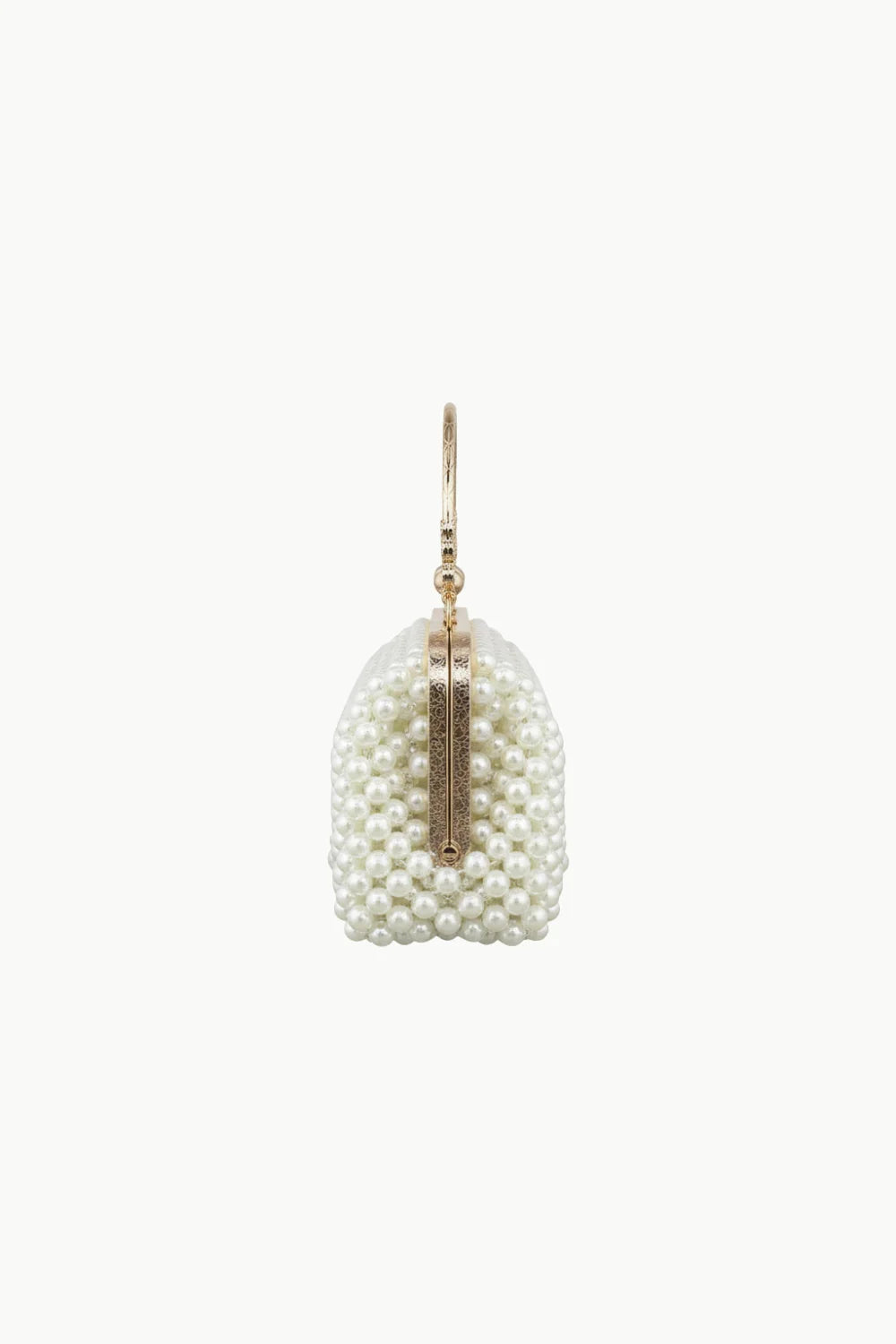 White faux pearl beaded clutch bag with gold clasp and top handle for elegant pearl clutch handbag style