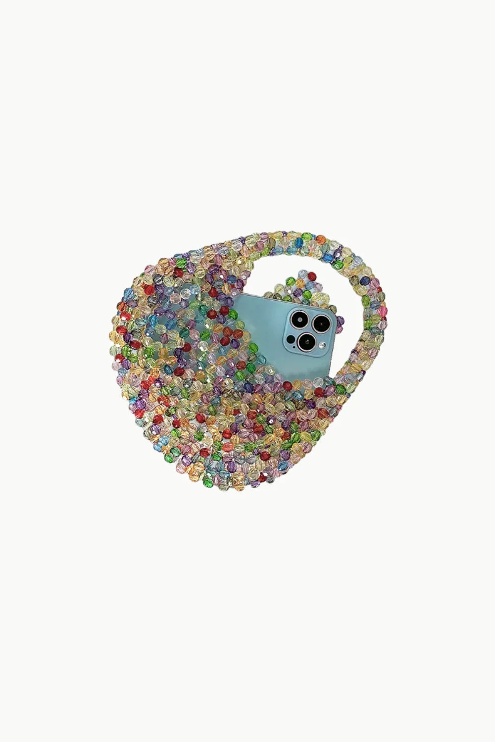 Colorful beaded handbag with light blue smartphone tucked inside, stylish beaded handbag accessory