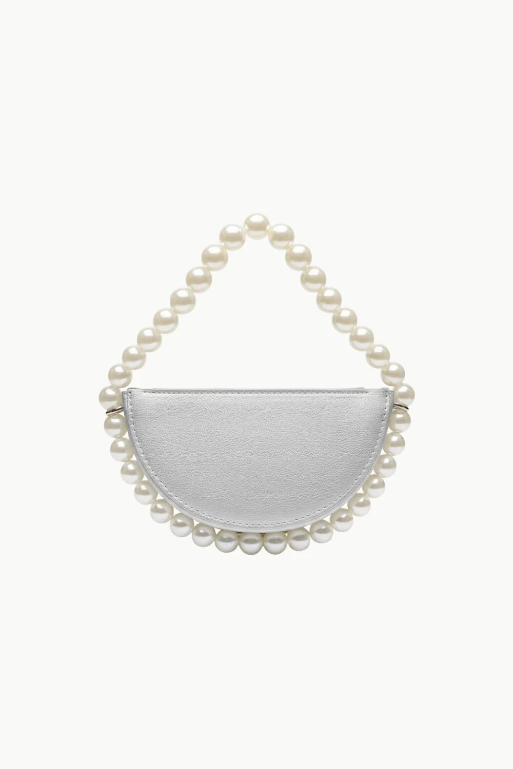 White faux leather Crescent Bead Bag with pearl handle and trim for elegant style