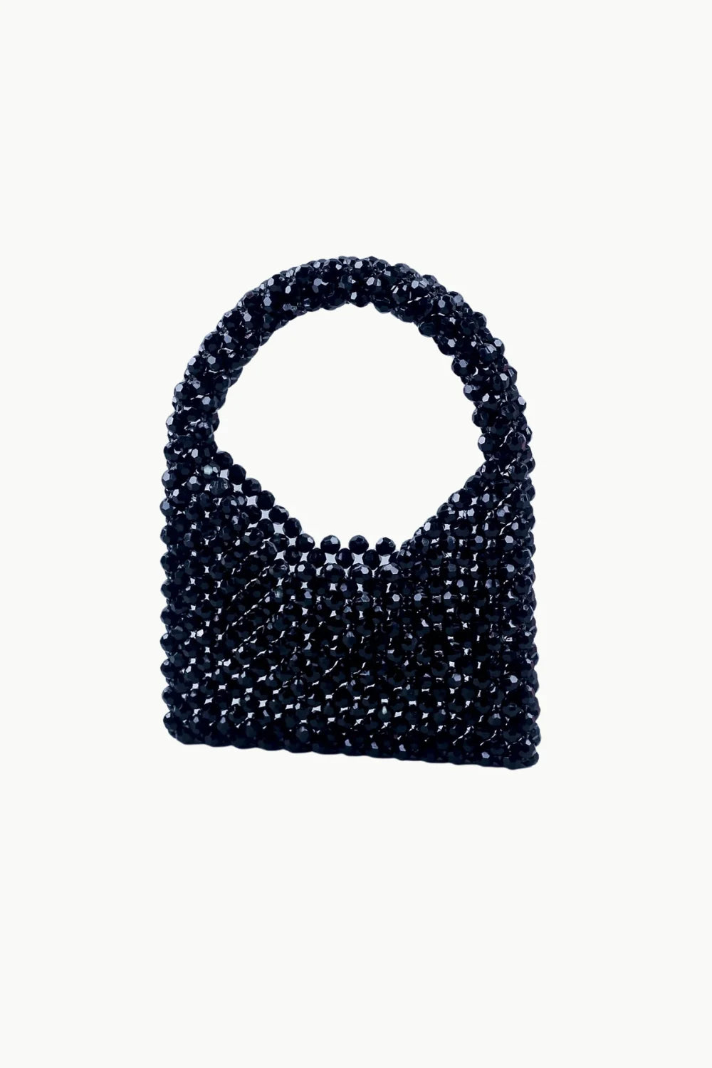 Black beaded handbag with arched handle, crochet beaded bag fashion accessory