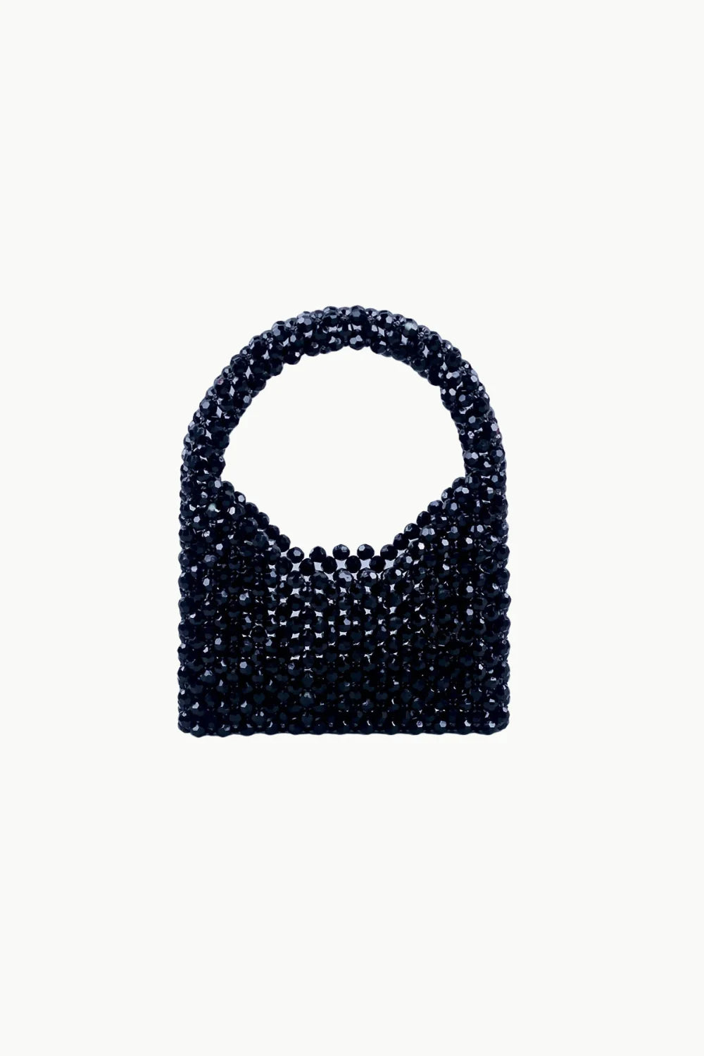 Black beaded handbag with curved top handle, stylish crochet beaded bag accessory