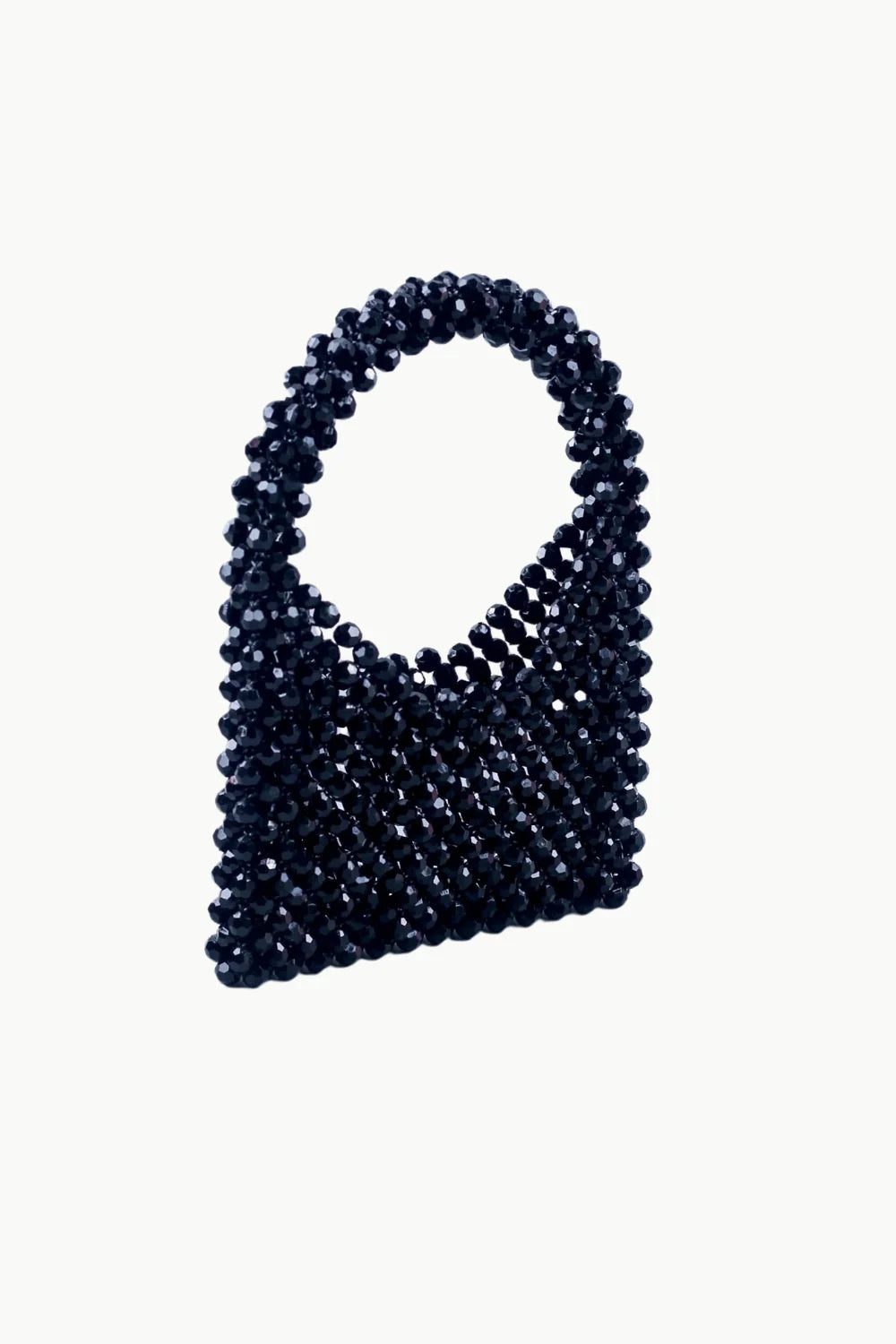 Black beaded bag with curved top handle, stylish crochet beaded bag for women