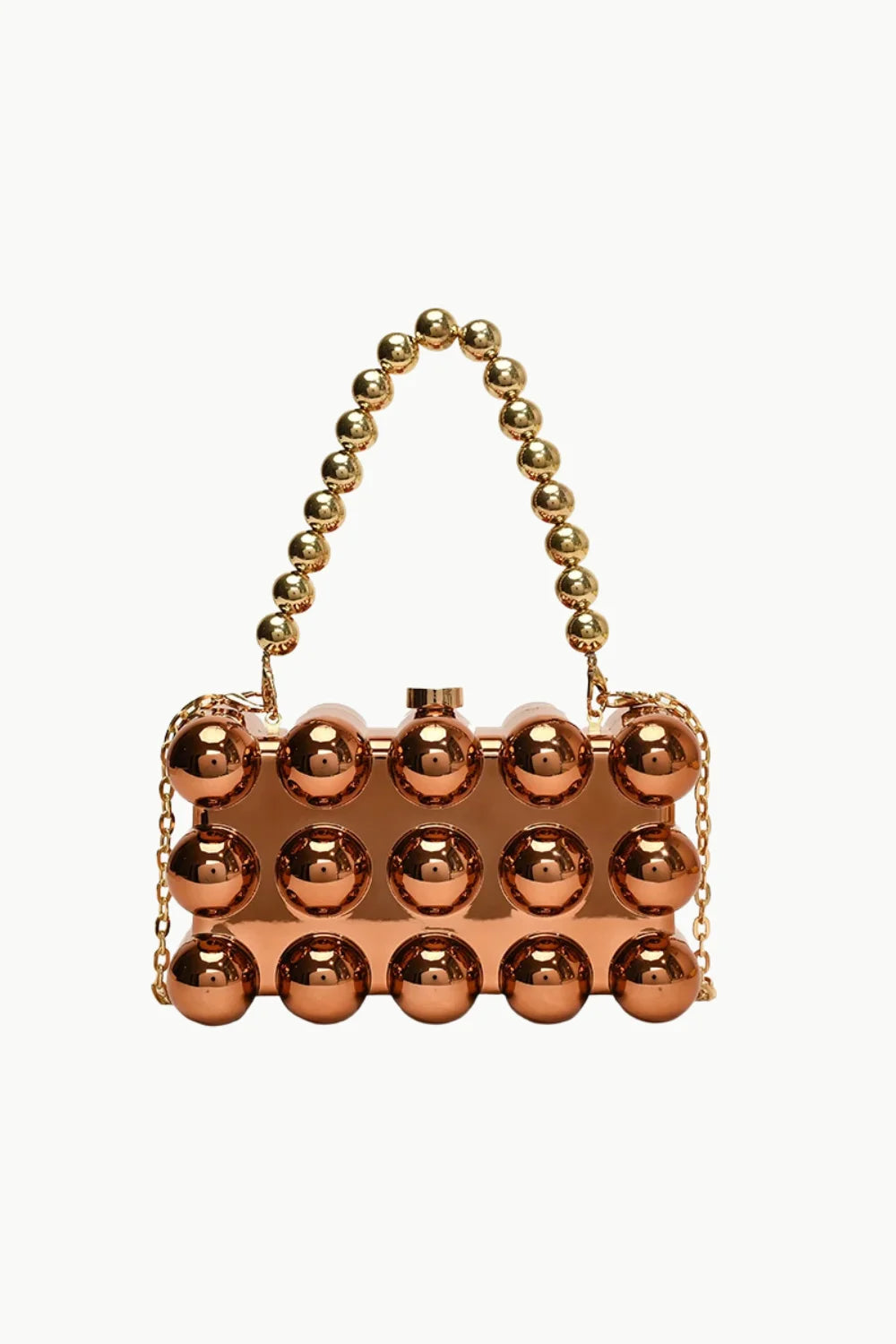 Bronze-colored custom beaded bag with spherical studs and beaded gold chain handle