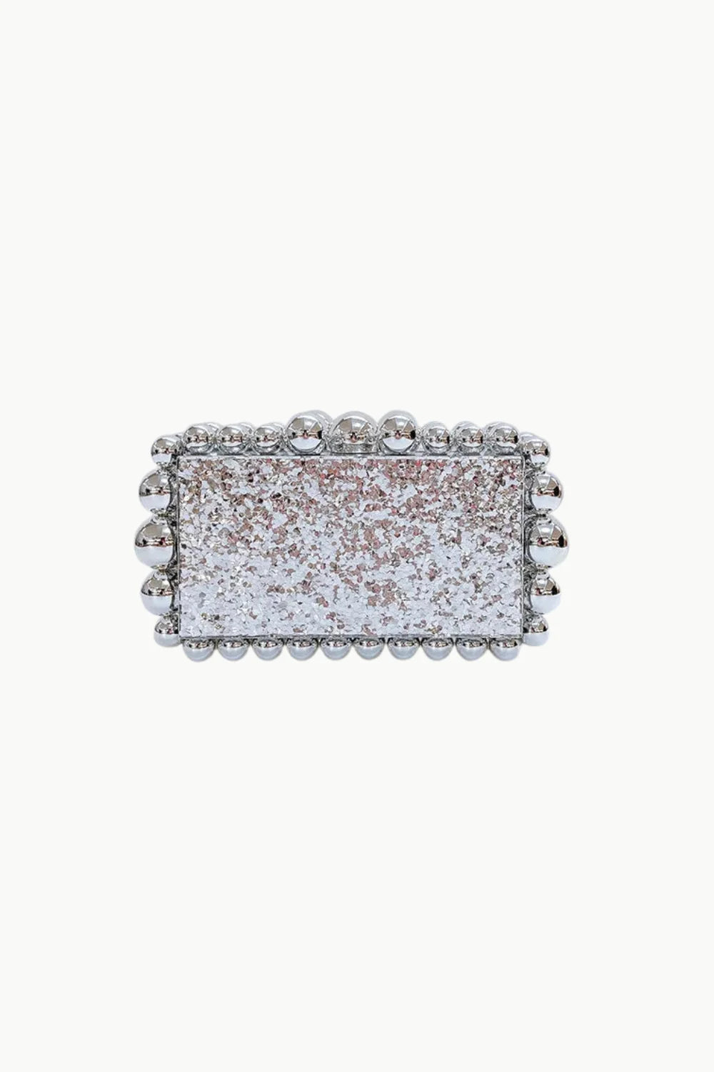 Silver glitter beaded clutch with spherical metallic embellishments, custom beaded clutch