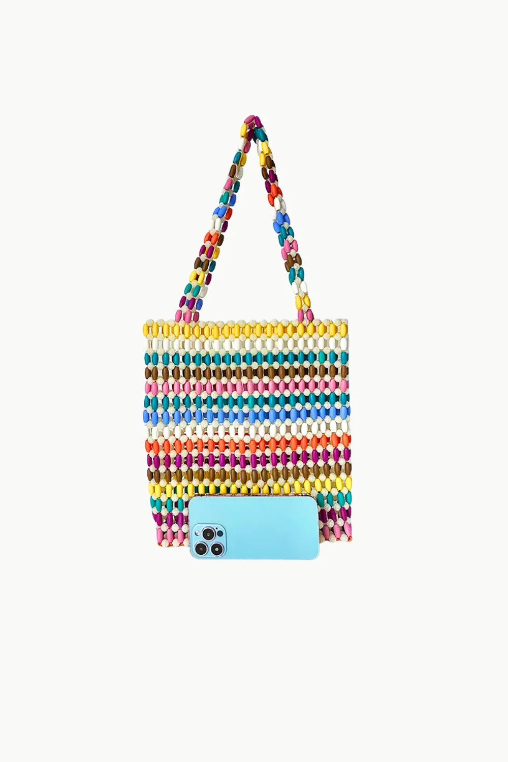 Colorful beaded tote bag with horizontal stripes and light blue smartphone in front