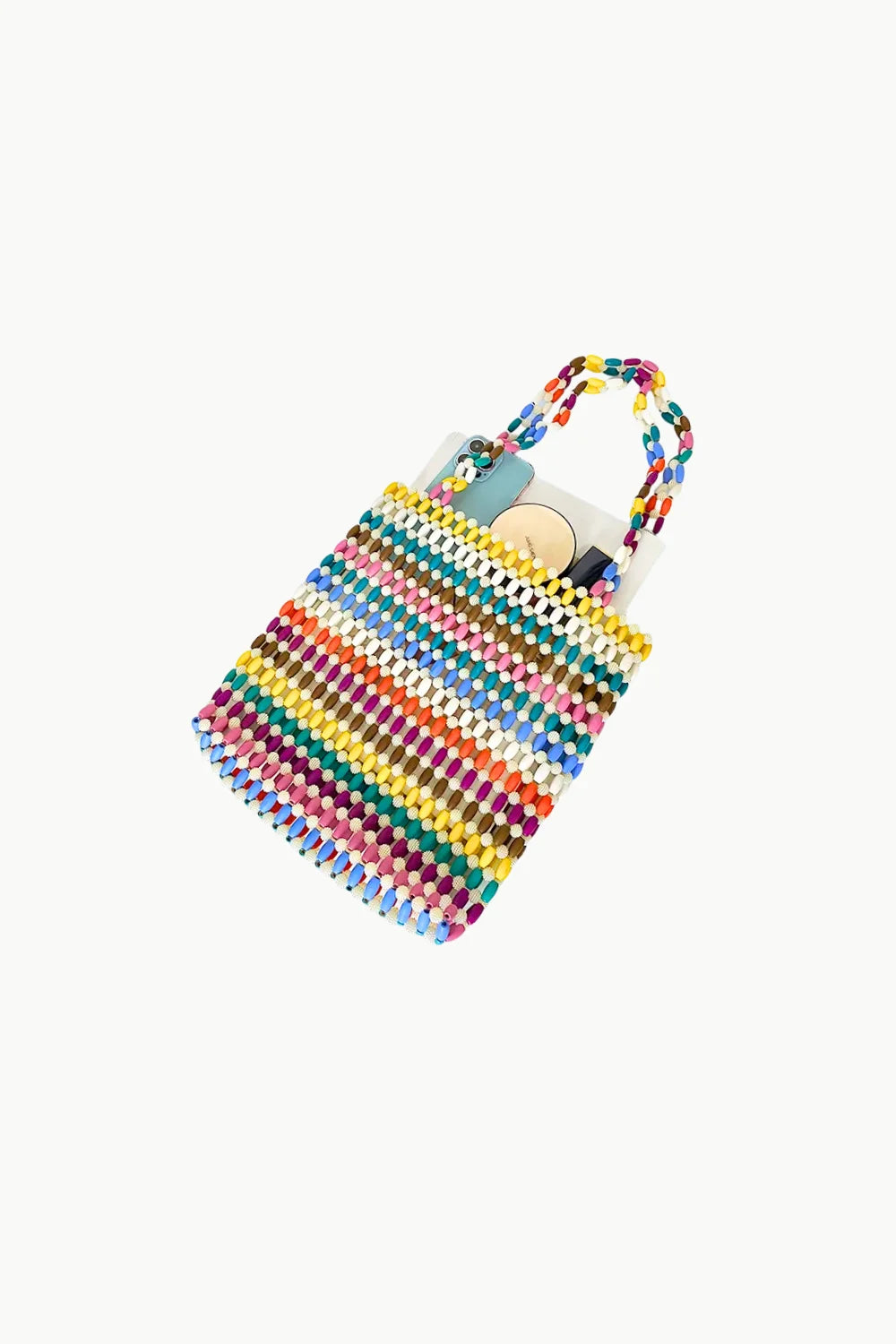 Multicolor beaded tote bag with contents showcasing the Custom Beaded Tote Bag style
