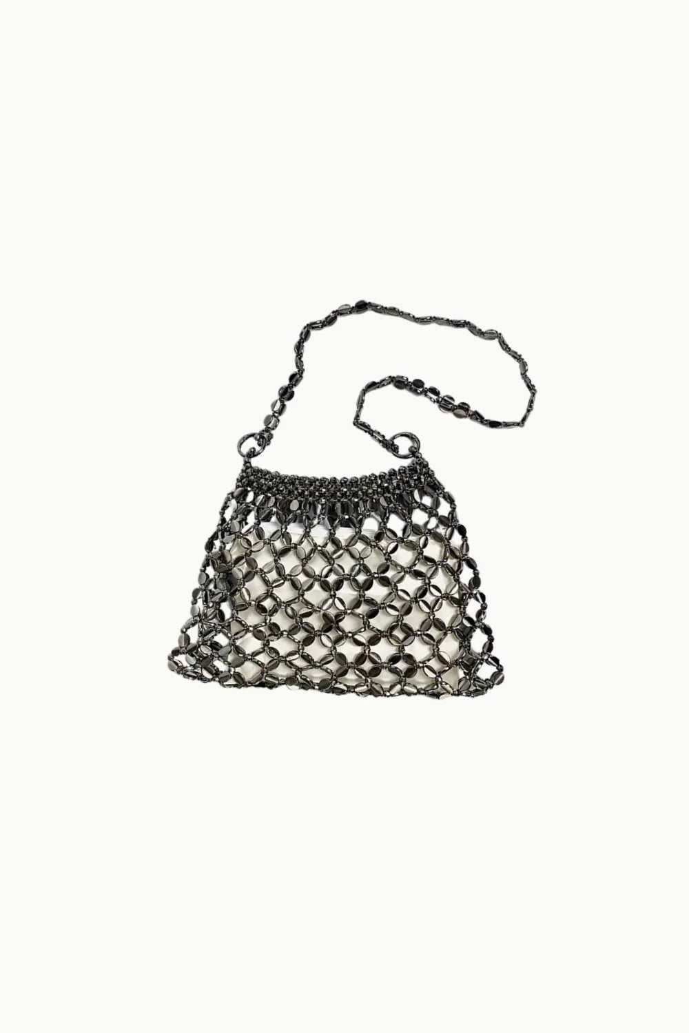 Dark metal mesh shoulder bag with white interior, a cute beaded bag for stylish looks