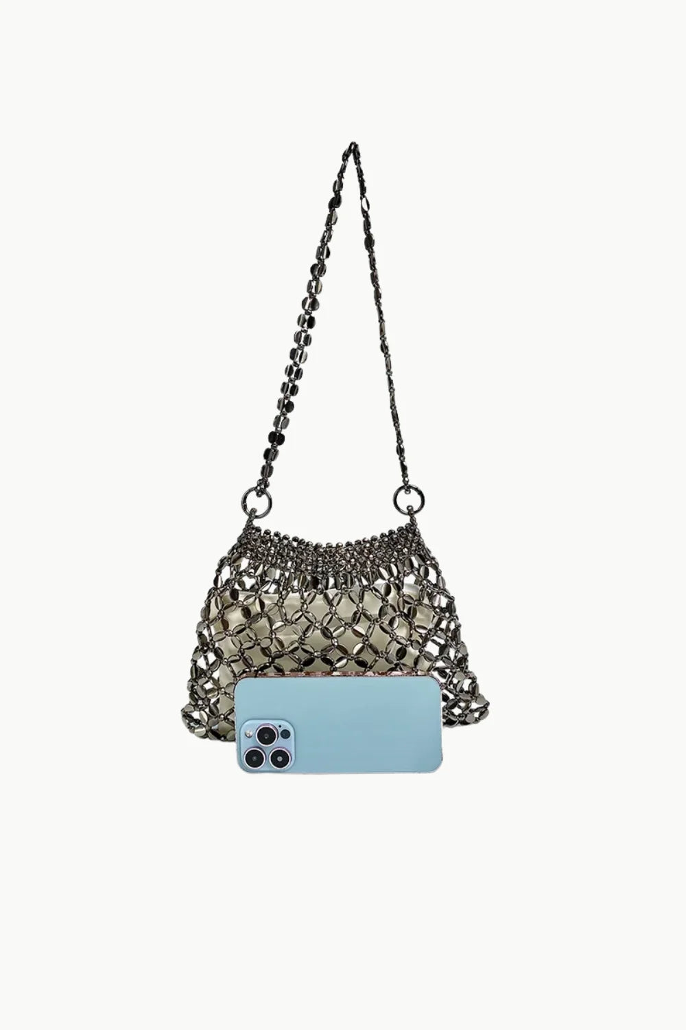 Cute beaded bag with metallic chain-mail shoulder strap and light blue smartphone