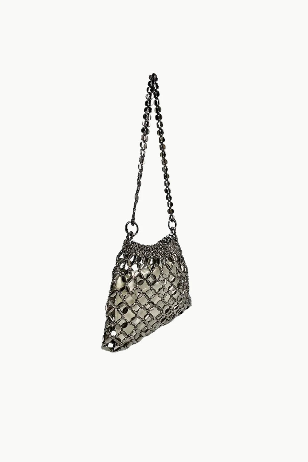 Metallic chainmail shoulder bag with mesh design, perfect as a cute beaded bag accessory