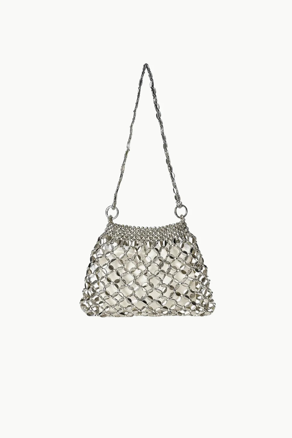 Silver-toned metal mesh shoulder bag with chain strap, a cute beaded bag for stylish looks