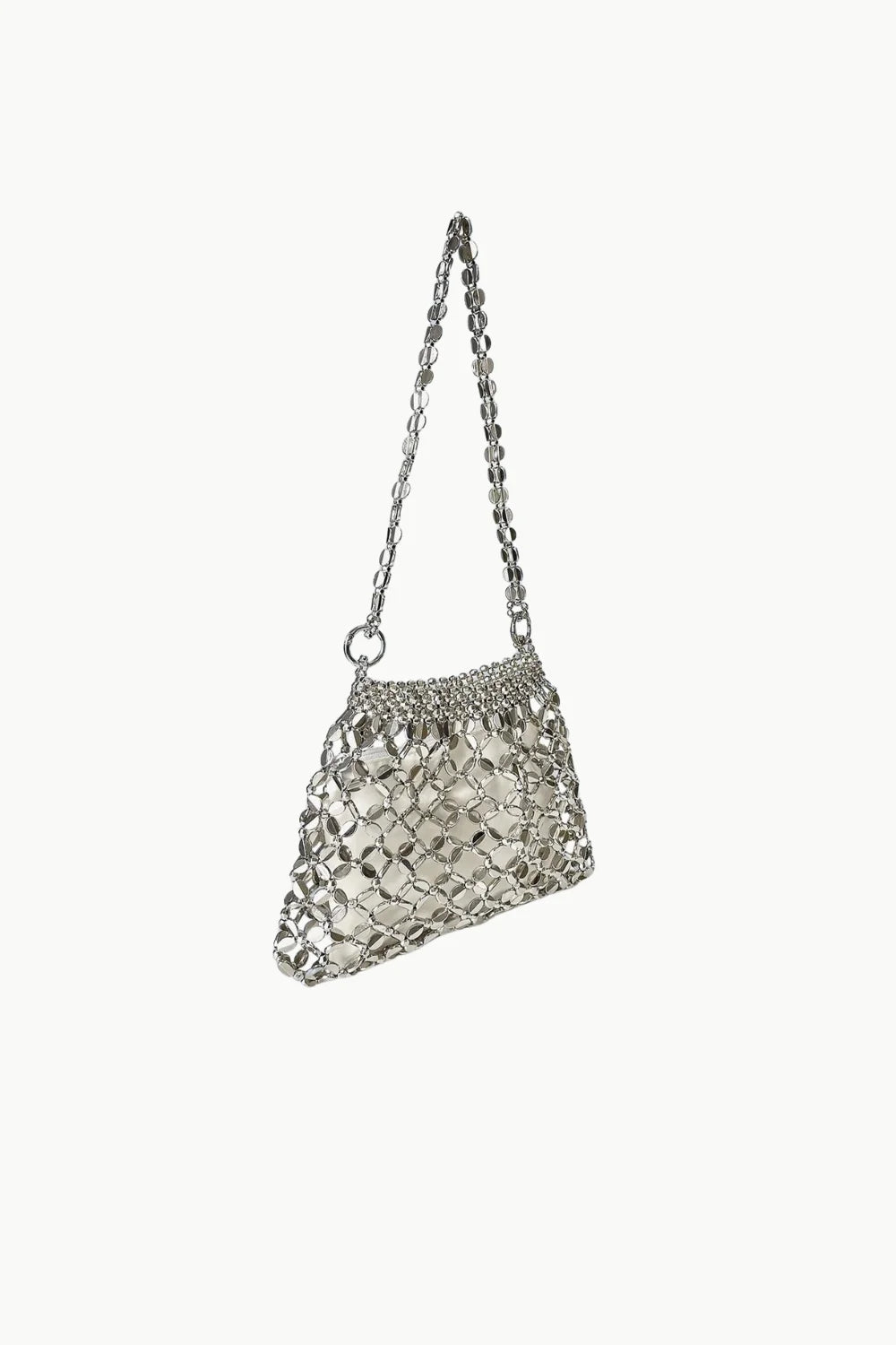 Silver-toned metal mesh shoulder bag with chain strap, perfect cute beaded bag accessory