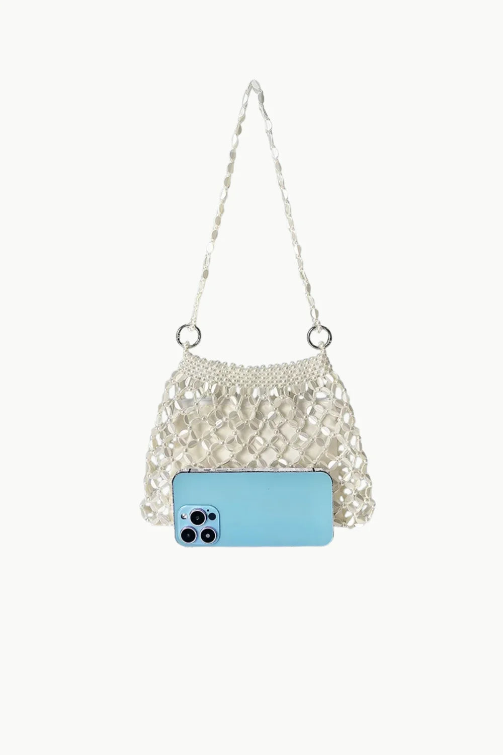 White beaded bag with light blue smartphone, stylish cute beaded bag accessory
