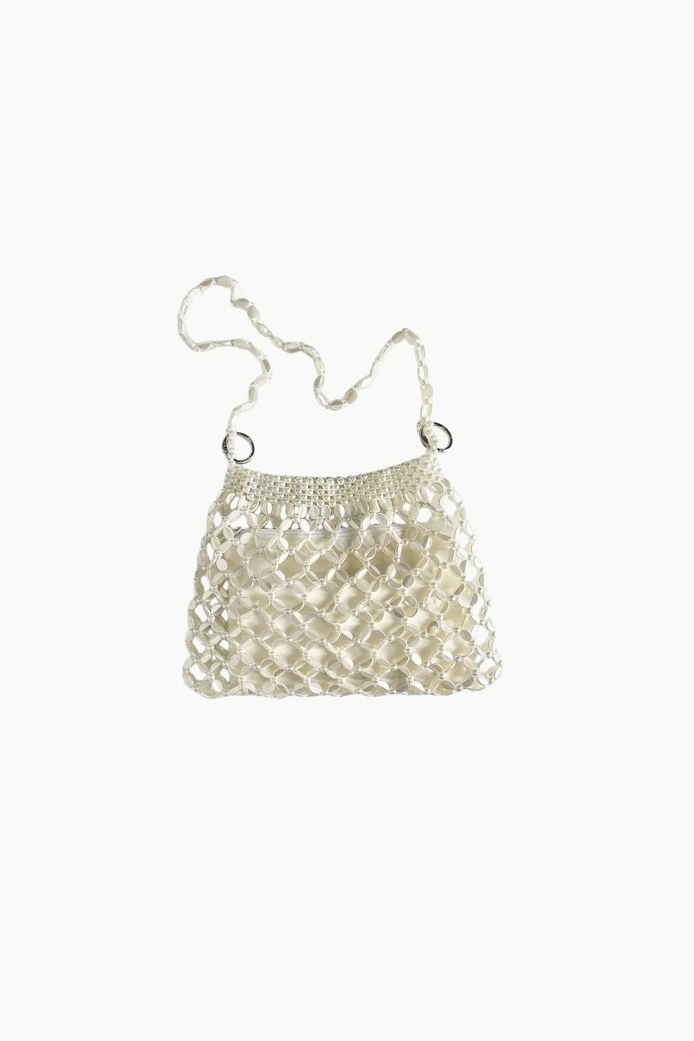 White beaded shoulder bag with braided strap and silver rings, cute beaded bag style