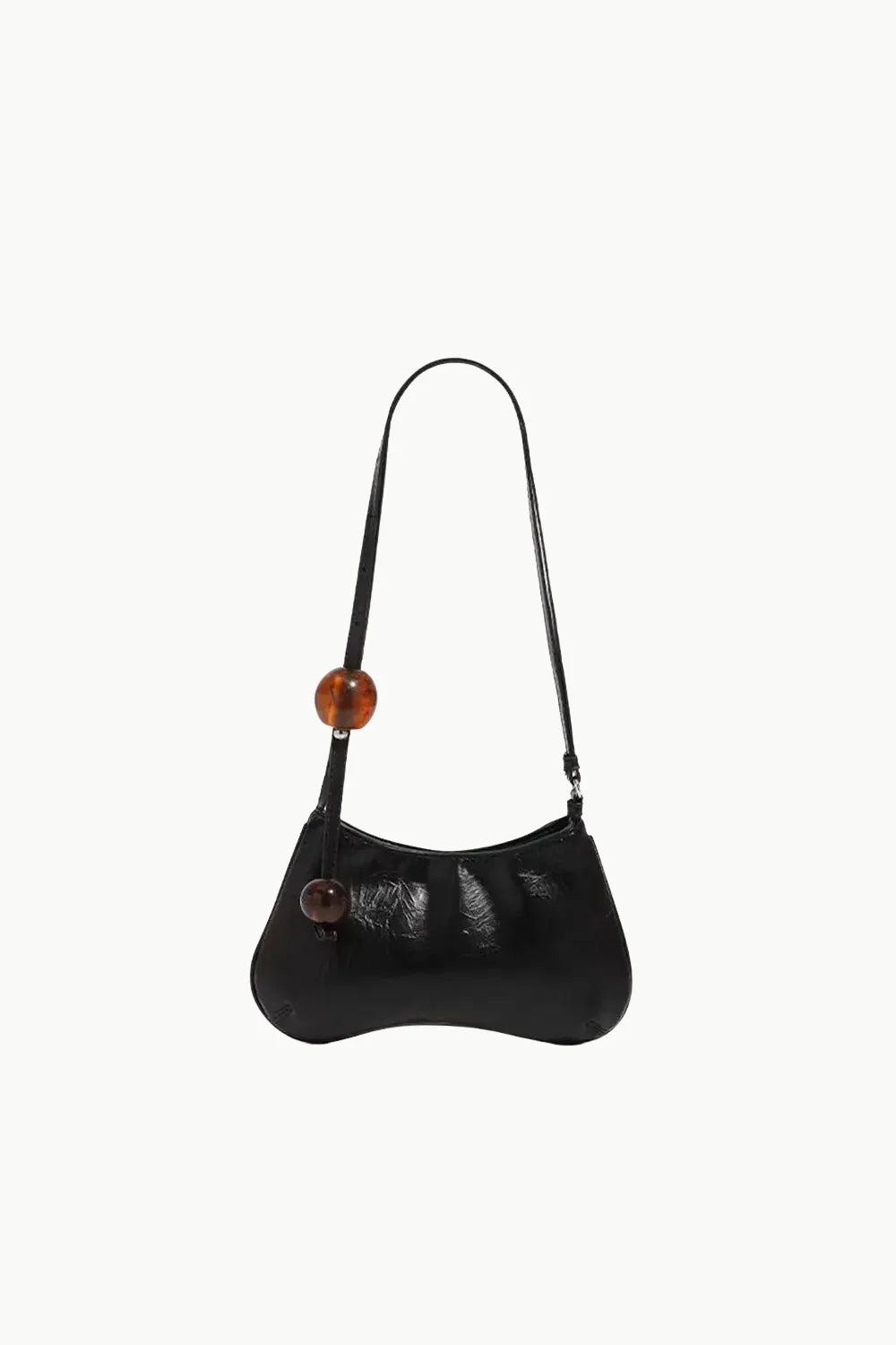 Shiny black shoulder bag with brown spherical charm and silver beaded detail