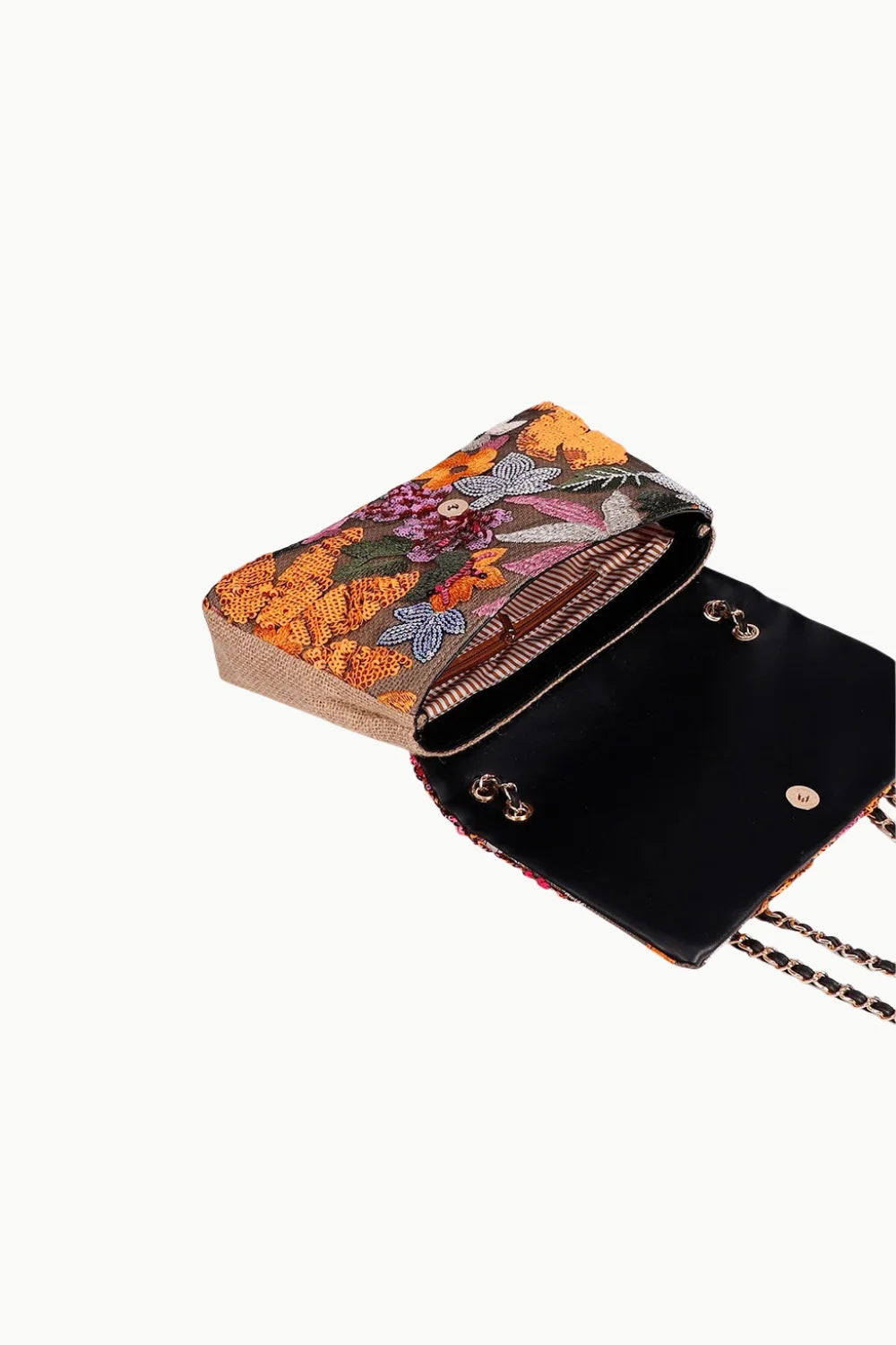 Open floral beaded bag with vibrant embroidered floral pattern and gold chain strap