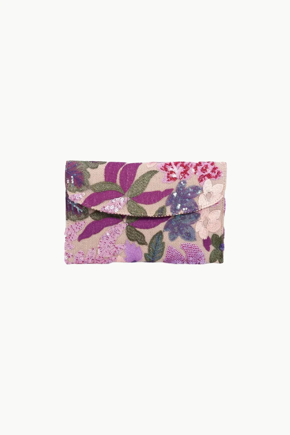 Chic floral clutch handbag with sequins and beads, curved flap closure perfect for evening wear
