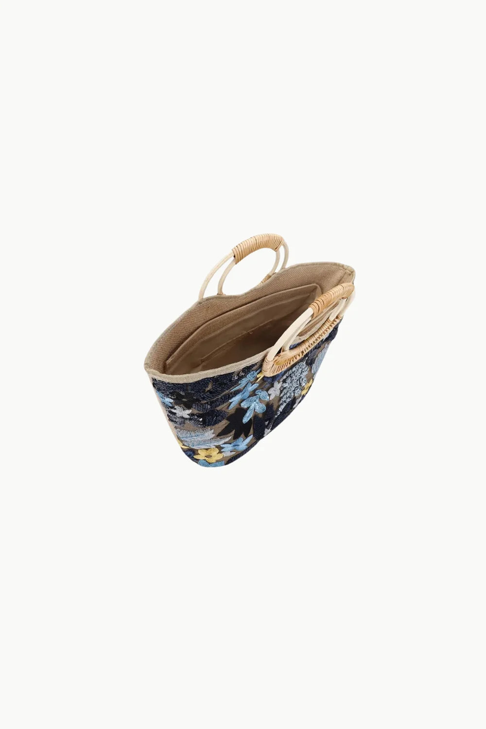 Black straw tote bag with floral embroidery and bamboo handles for flower beach or beach bag style