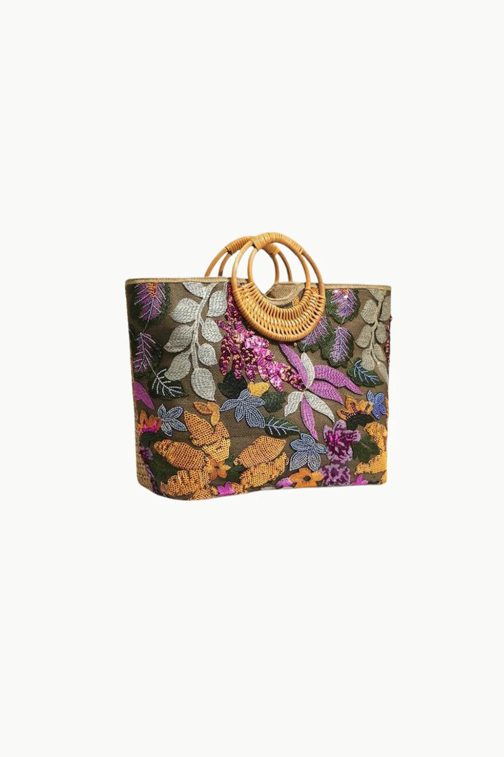 Dark green flower beach bag with colorful floral embroidery and woven straw handles