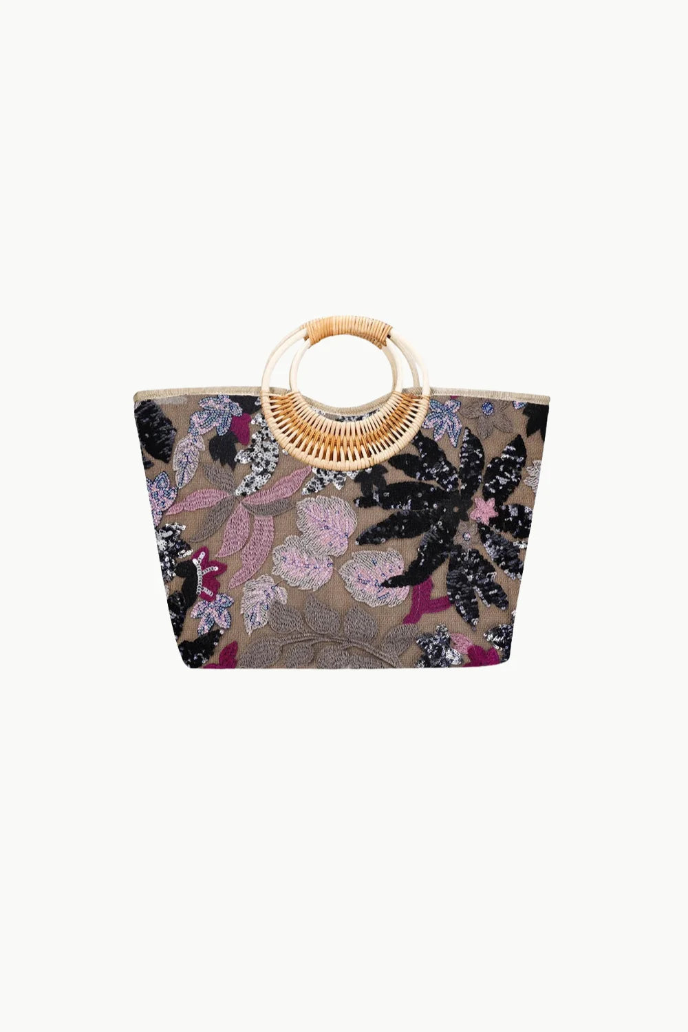 Flower beach bag with circular bamboo handles and floral embroidery for beach days