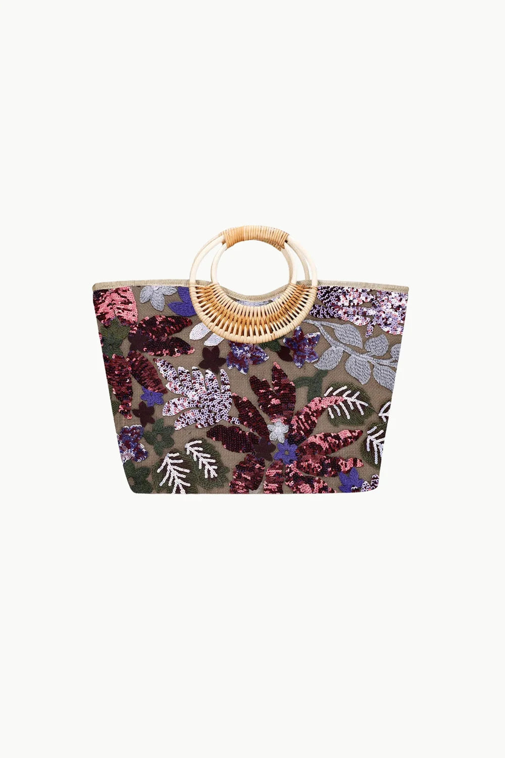 Flower Beach Bag featuring a sequined design and bamboo handle, perfect as a beach bag