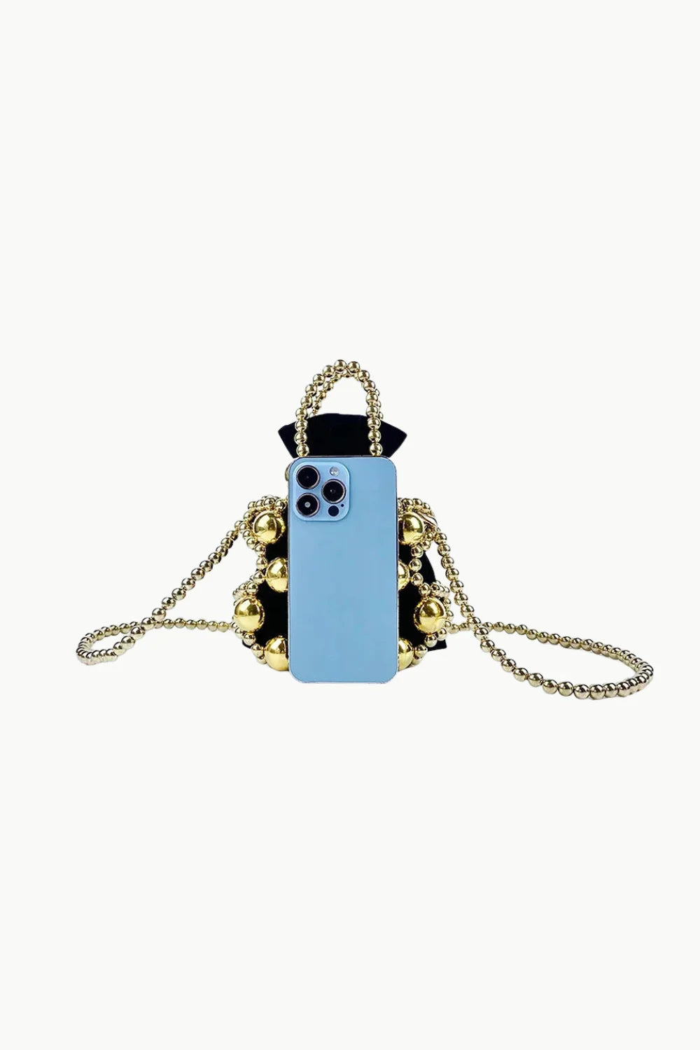 Gold Beaded Bucket Bag featuring a black design with gold spheres and chain strap